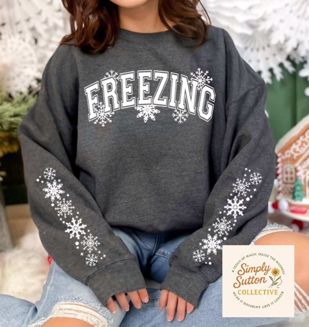 Freezing with snowflakes (sleeve accents) - Adult Crewneck Sweatshirt